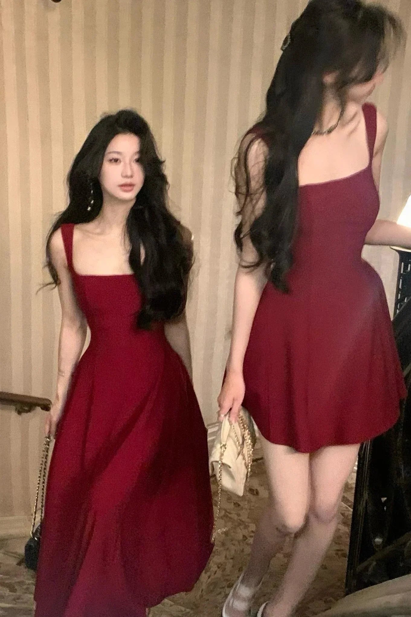 Elegant Korean Fashion Summer Evening Party Red U-neck Sling Dress Lady Casual High Waist Sleeveless Strap Mini Dress for Women