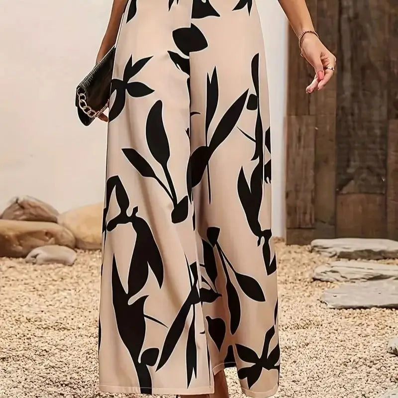 Women's Leaf Print Wide-Legged Casual Pants Loose Fit Fashionable Trousers