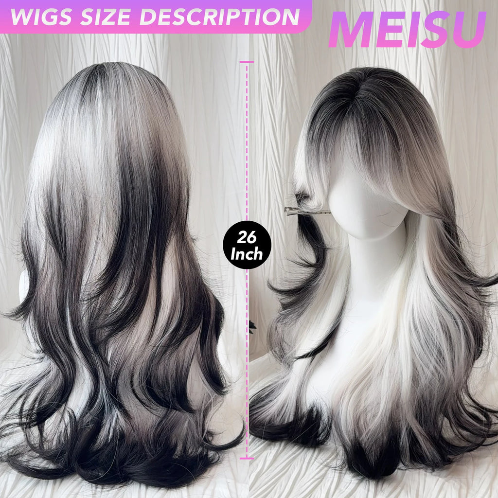 MEISU 26 Inch Synthetic Wig Curly Wave Wig Black White Color Heat-Resistant Natural Smooth Hair Stylish Party Wigs For Women