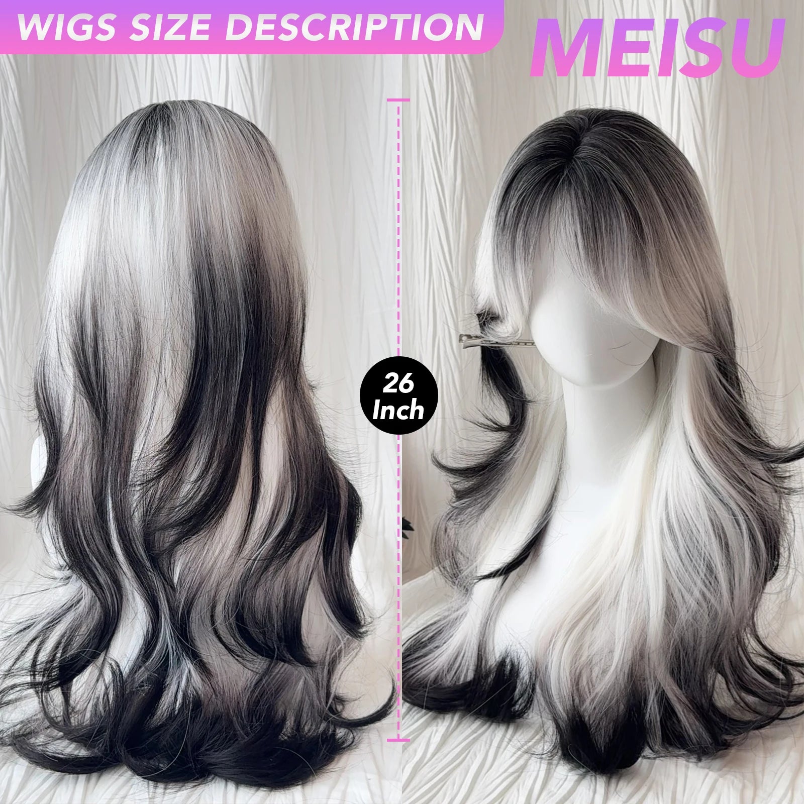 MEISU 26 Inch Synthetic Wig Curly Wave Wig Black White Color Heat-Resistant Natural Smooth Hair Stylish Party Wigs For Women
