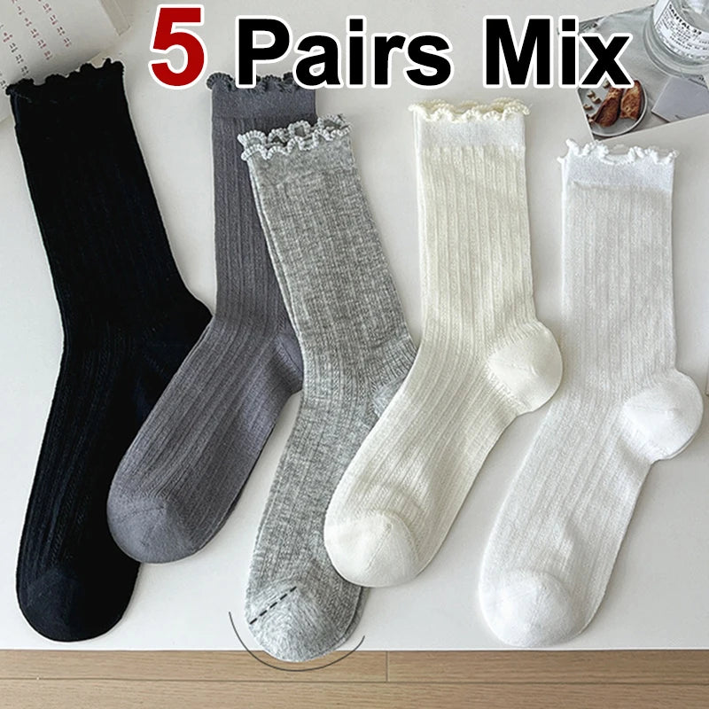 5/10 Pairs Women Solid Color Mesh Mid Tube Socks Summer Lightweight Breathable Fashionable Wavy Edge Ballet Style Casual Socks