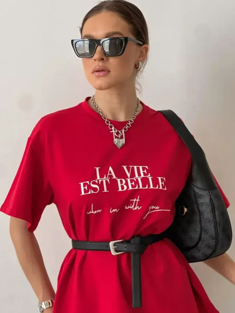 Summer American Ins Mid-length Temperament Printed T-shirt Street Personality Women's Letters Versatile Cotton Short-sleeved Top