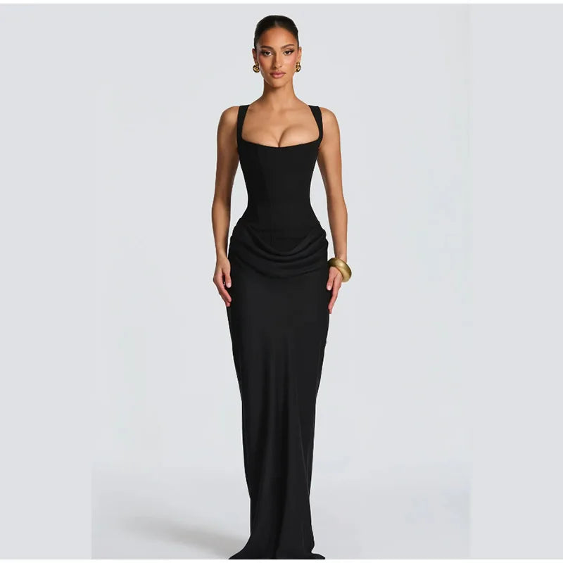 Women's Red Pleated Sling Maxi Dress Square Neck Sleeveless Off-shoulder Waist Cinching Slim Dresses Fashion Evening Party Gowns