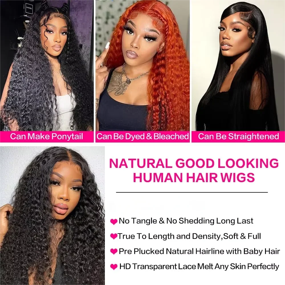 Deep Wave Wigs Human Hair 13x4 HD Transparent Lace 13x6 Full Frontal Wigs Natural color Curly Wigs For Women 220% Density