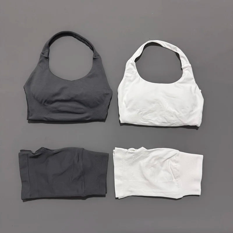 2 Peice Histello Sports Set Women Seamless Halter Top Longline Strappy Padded Scrunch Shorts Set Yoga Suit Gym Workout Sets