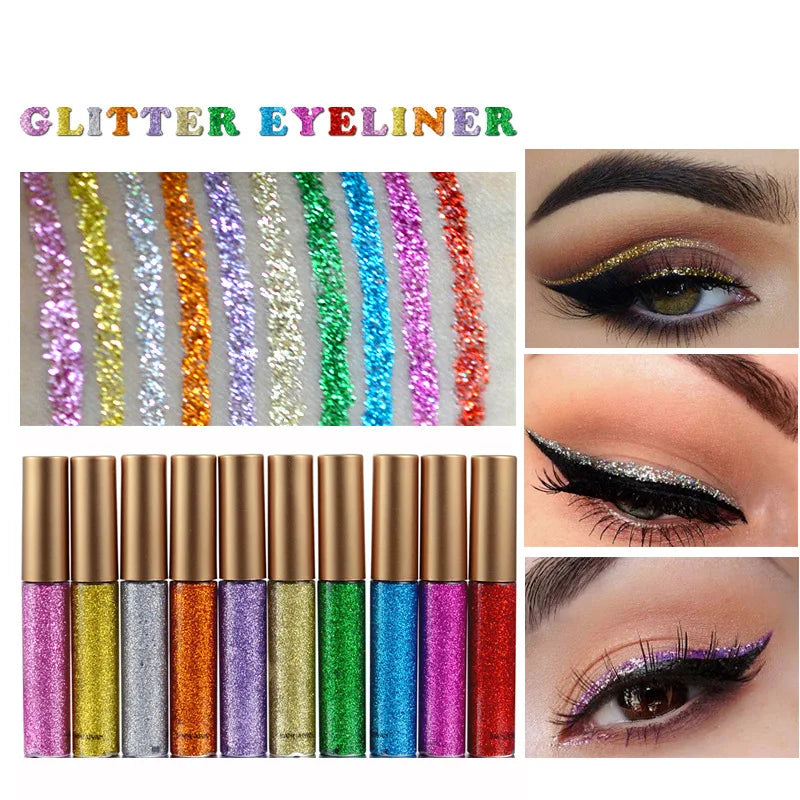 Long Lasting Glitter Eyeliner Kit 10 Vibrant Shades Metallic Sparkle Smudge Proof Easy Apply Eye Liner Makeup Set
