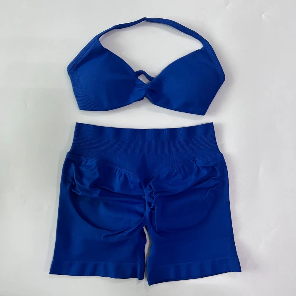 NO LOGO 2PCS Gym Set Women Strappy Yoga Bra Top High Waist Workout Scrunch Shorts Sports Suit Seamless Yoga Set Fitness Clothes