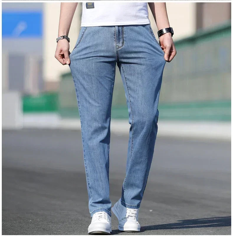 2025 Summer New Men's Loose Gray Jeans Fashion Casual Stretch Straight-leg Denim Pants Male Light Blue Men's Trousers