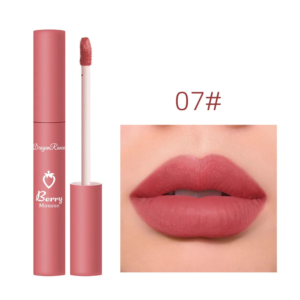 Dragon Ranee 12 Color Matte Lip Gloss Velvet Texture Waterproof Moisturize Lip Gloss Lasting Non-stick Cup Fashion Cosmetics 5ml