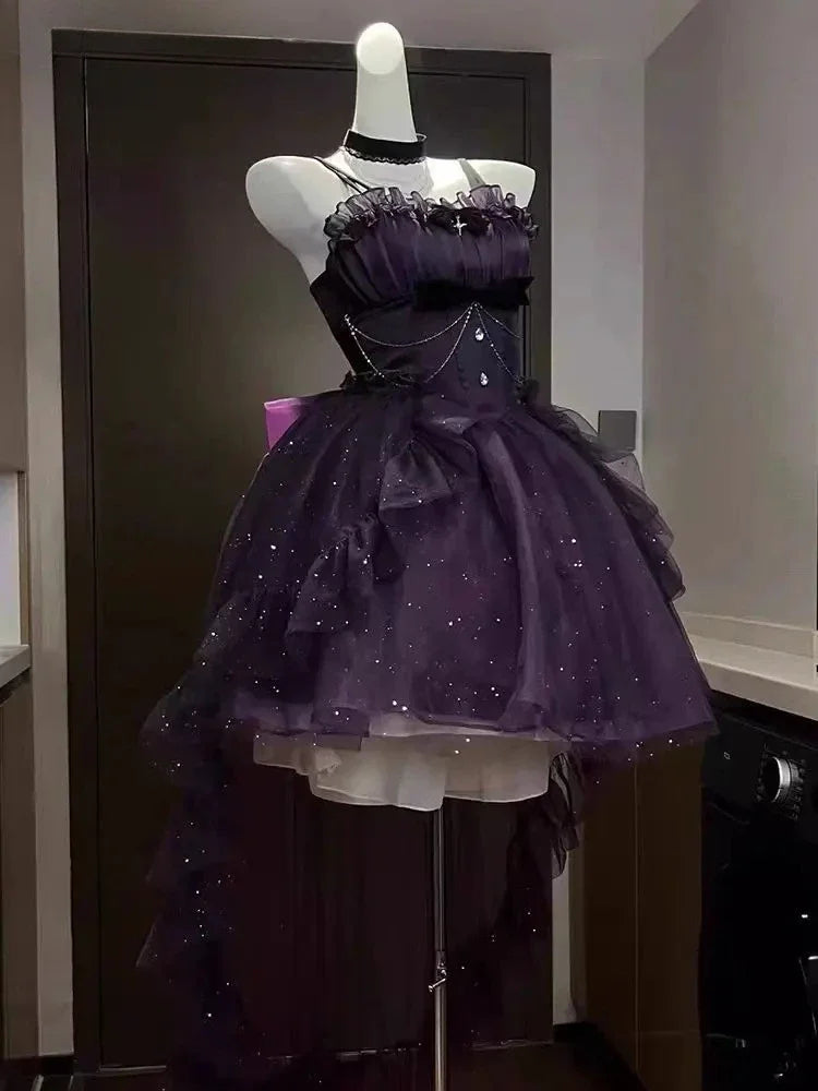 Gothic Red Lolita JSK Dress Women Spaghetti Strap Ruffle Tulle Skirt Chain Bow Decor High Low Hem Vintage Princess Party Dress