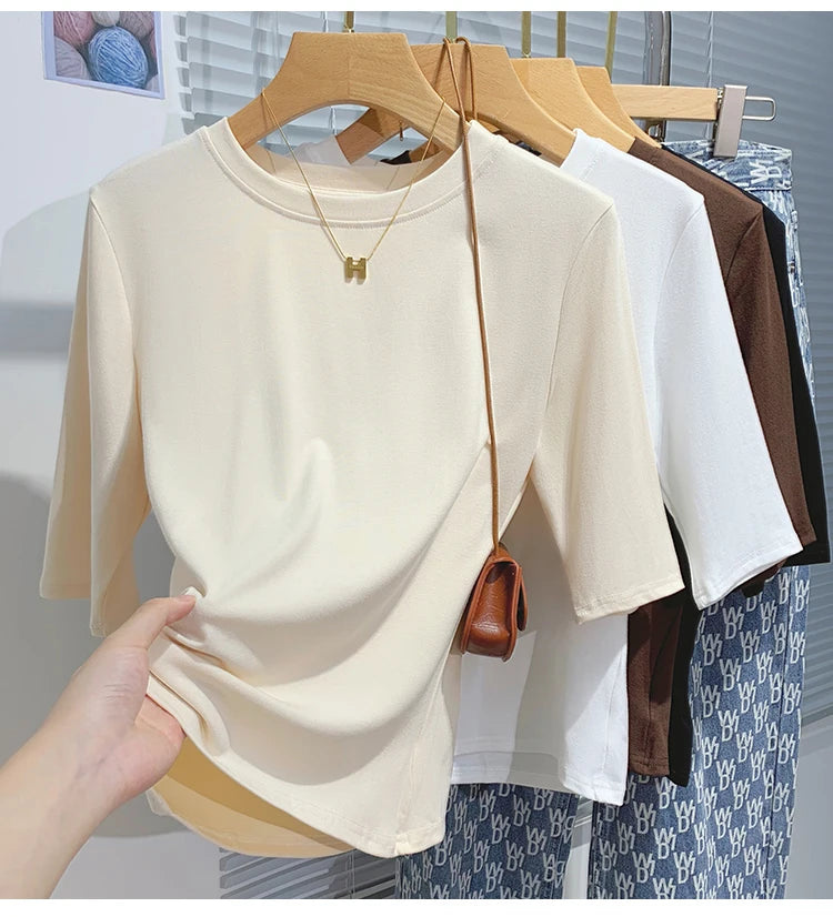 AOSSVIAO 2026 Summer 100% Cotton Women's T-shirt Bottoming Basic Crew Neck Fashionable Solid Lady Short Sleeve Tops Shirts