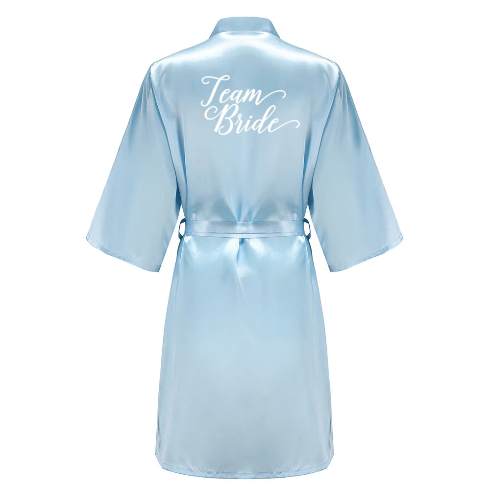 Light Blue Women's Satin Robe Short Kimono for Bride & Bridesmaid With White Letter, Wedding Party Robes