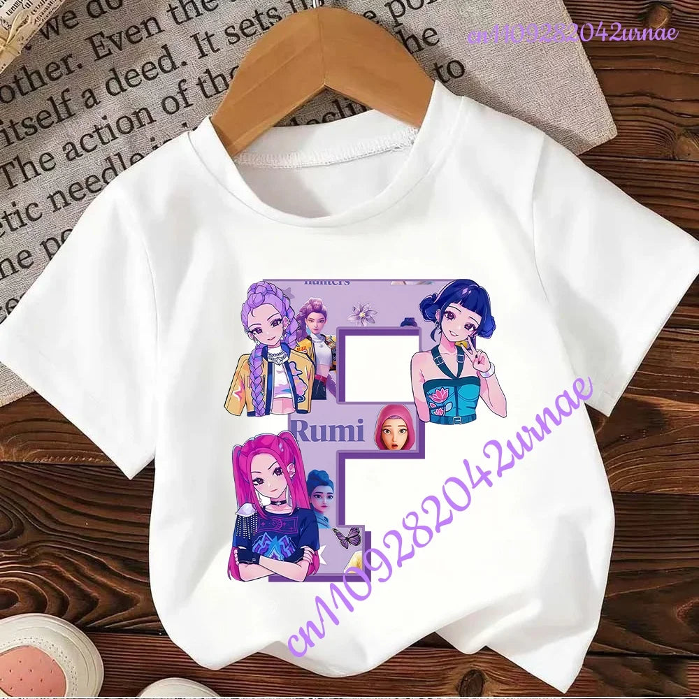 Kpop Demon Hunters Letter A-Z T-shirt Kawaii Rumy Birthday Tops Party Wear Girls Tee Summer Short Sleeve Cotton Kid Clothes