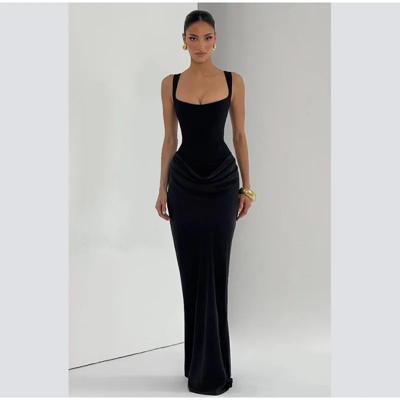 Women's Red Pleated Sling Maxi Dress Square Neck Sleeveless Off-shoulder Waist Cinching Slim Dresses Fashion Evening Party Gowns