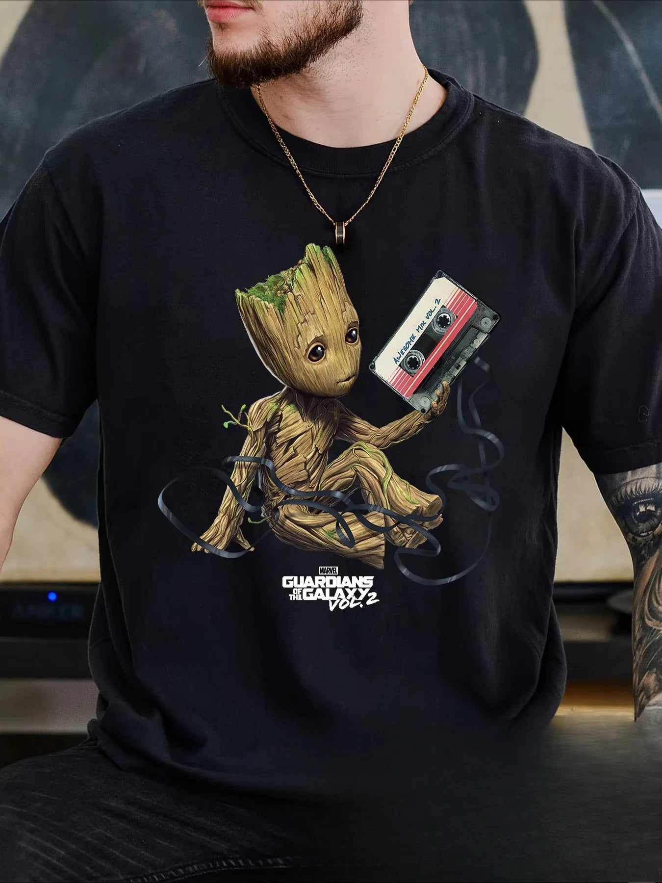 Marvel's Guardians of The Galaxy Trendy Casual Groot Print T-shirt Casual Top Spring, Summer, Autumn and Winter Innerwear