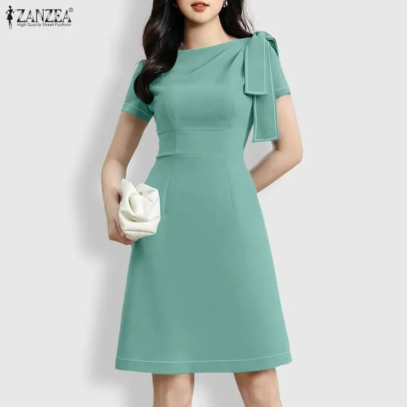 ZANZEA Elegant Women OL Work Dresses 2026 Summer Short Sleeve Solid Knee Length Dress Robe Stylish A Line Waisted Party Vestidos