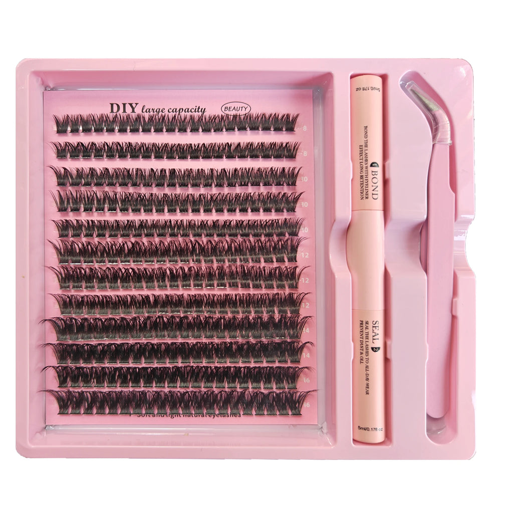 DIY Clusters Lash Kit Full Set 8-16mm Mix Bond&Seal Tweezers Lash for Self Application Makeup Individual Eyelash Extensions