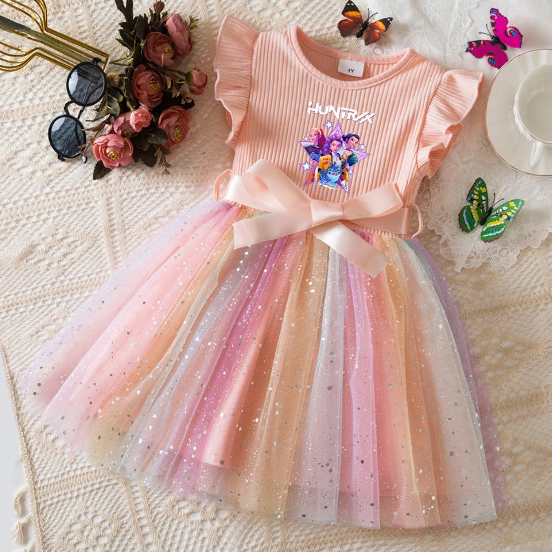 K-Pop Hunters Zoey Mira Rumi Girls Flying Sleeves Bow Sequin Dress Kids Baby Girl Birthday Party Fluffy Tutu Princess Dress 1-5Y