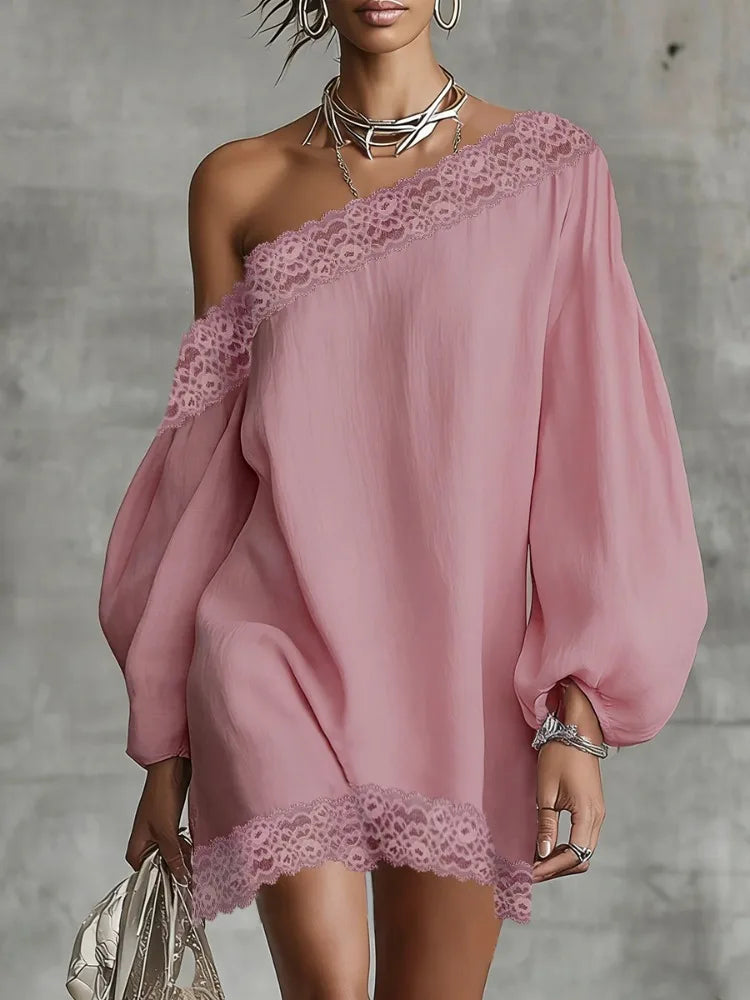 UOOZEE 2026 New Women Elegant Solid Color Party Cocktail Short Dress Off The Shoulder Lace Trim Puff Sleeve Evening Mini Dresses