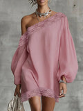 UOOZEE 2026 New Women Elegant Solid Color Party Cocktail Short Dress Off The Shoulder Lace Trim Puff Sleeve Evening Mini Dresses