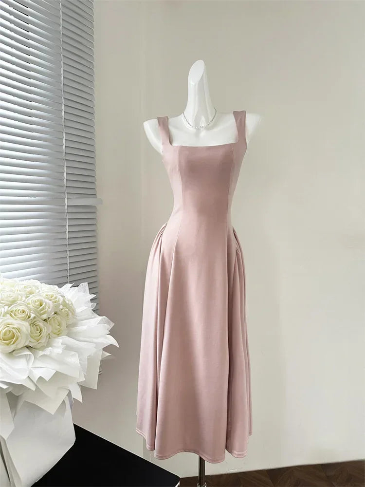 Elegant Korean Fashion Summer Evening Party Red U-neck Sling Dress Lady Casual High Waist Sleeveless Strap Mini Dress for Women