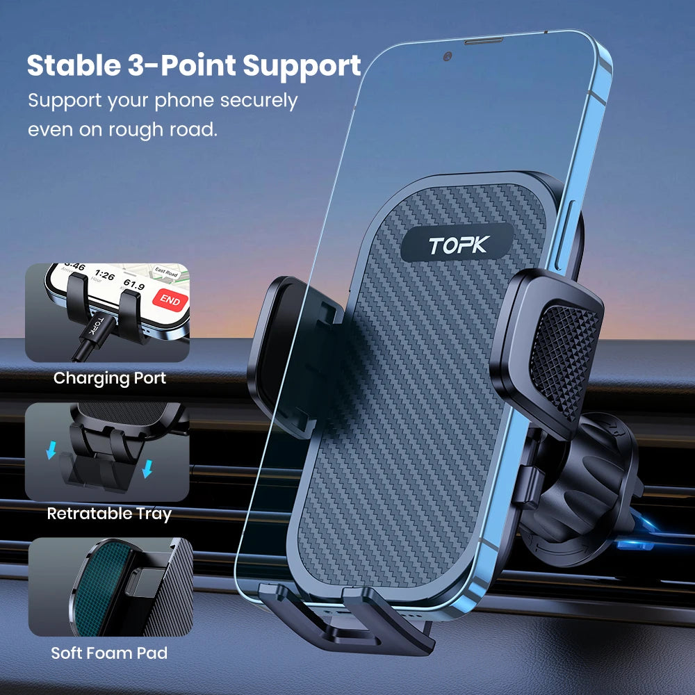 TOPK Car Phone Holder Air Vent Mount for Big Phones & Thick Cases | Hands-Free Clamp Cradle for iPhone, Samsung, All Smartphones