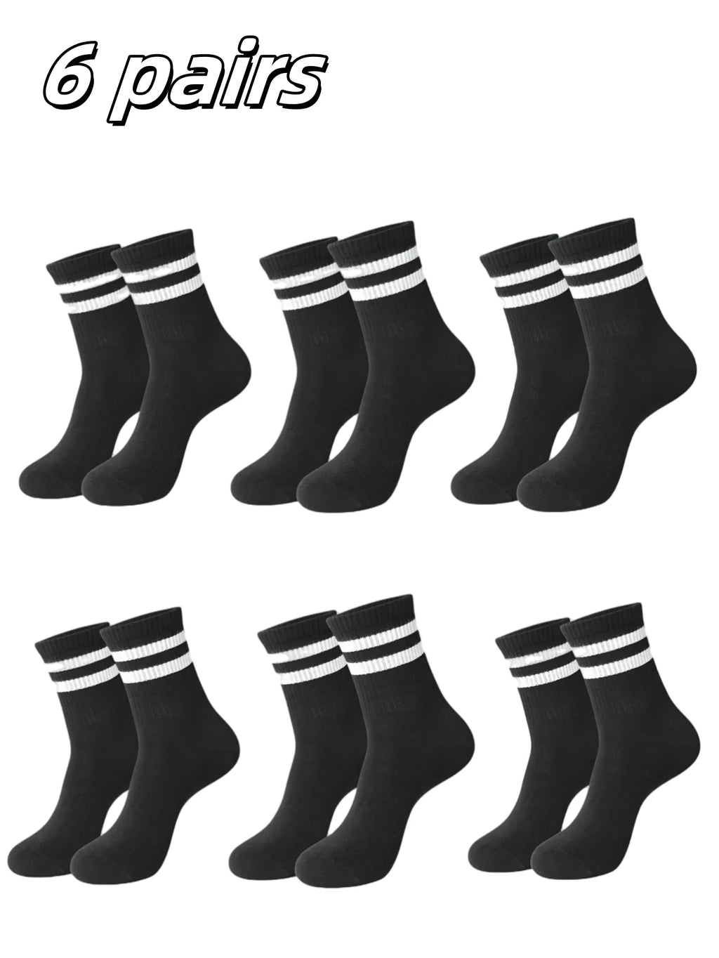 3/ 6 pairs Striped mid-calf socks, crew socks, comfortable and breathable, women's white socks, suitable for daily sports wear