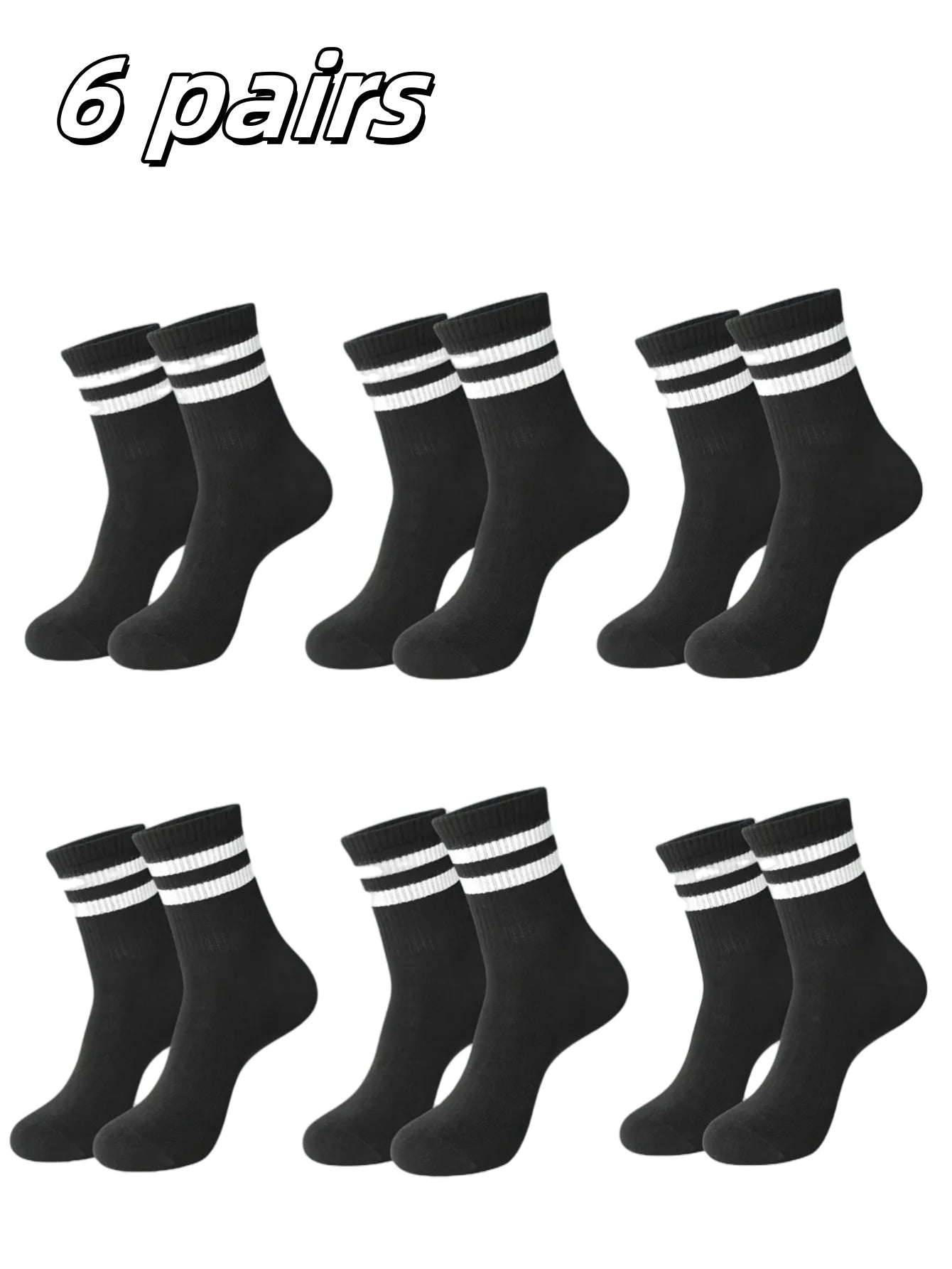 3/ 6 pairs Striped mid-calf socks, crew socks, comfortable and breathable, women's white socks, suitable for daily sports wear