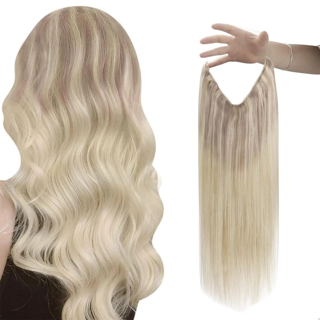 VeSunny Fish Line Human Hair Extension Wire Natural Hair One Piece Invisible Wire Hair Weft with 2 Clips Blonde Soft Remy Hair