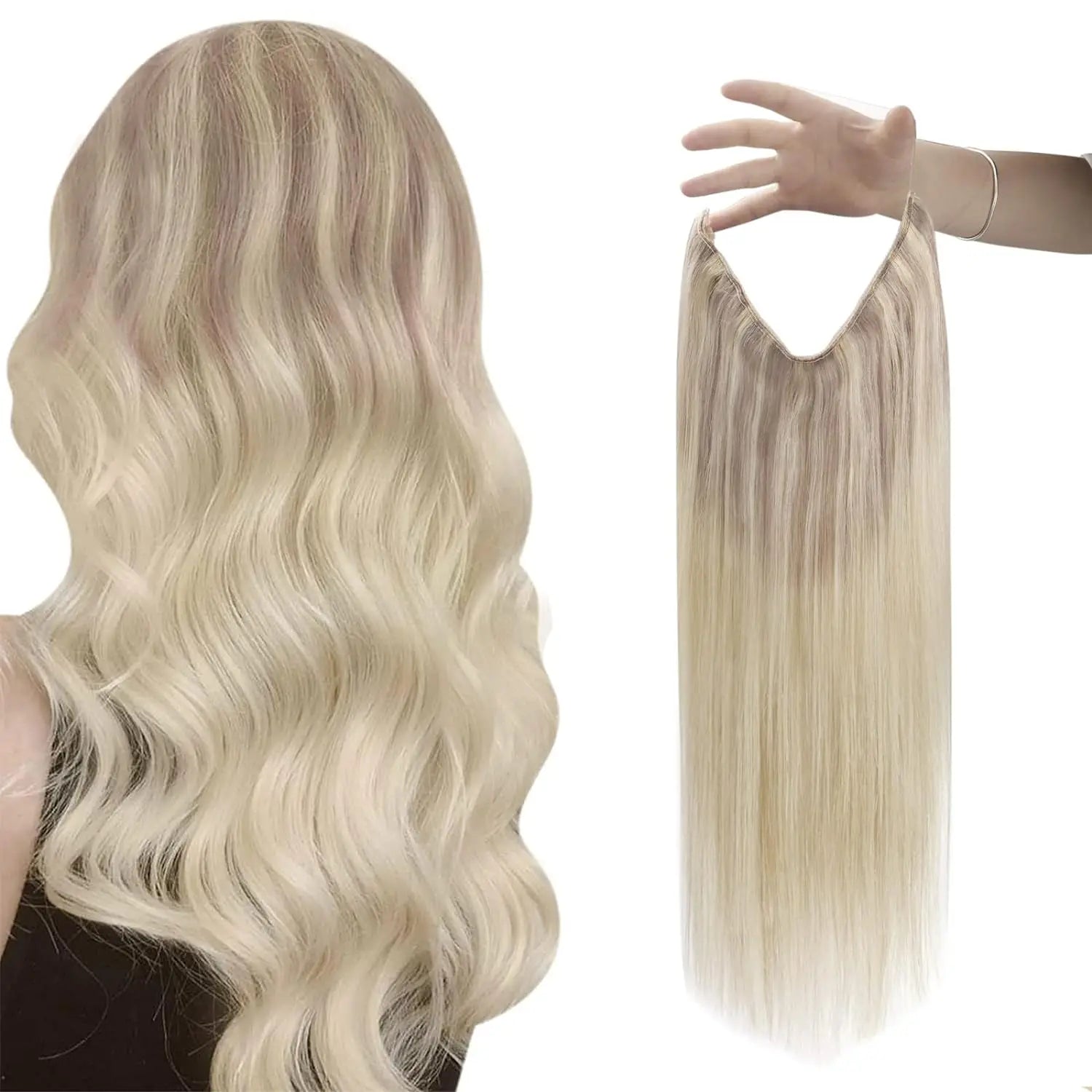 VeSunny Fish Line Human Hair Extension Wire Natural Hair One Piece Invisible Wire Hair Weft with 2 Clips Blonde Soft Remy Hair
