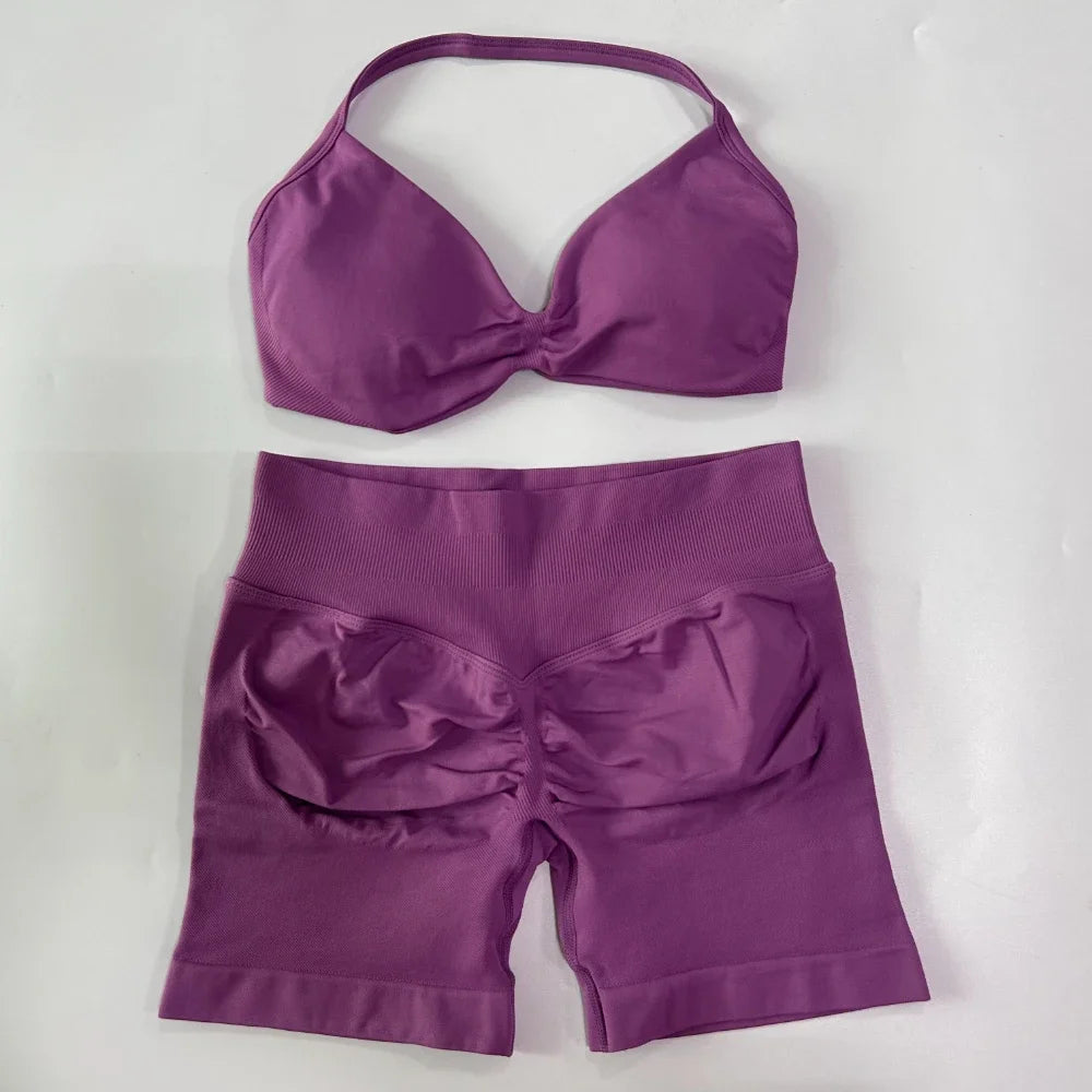 NO LOGO 2PCS Gym Set Women Strappy Yoga Bra Top High Waist Workout Scrunch Shorts Sports Suit Seamless Yoga Set Fitness Clothes