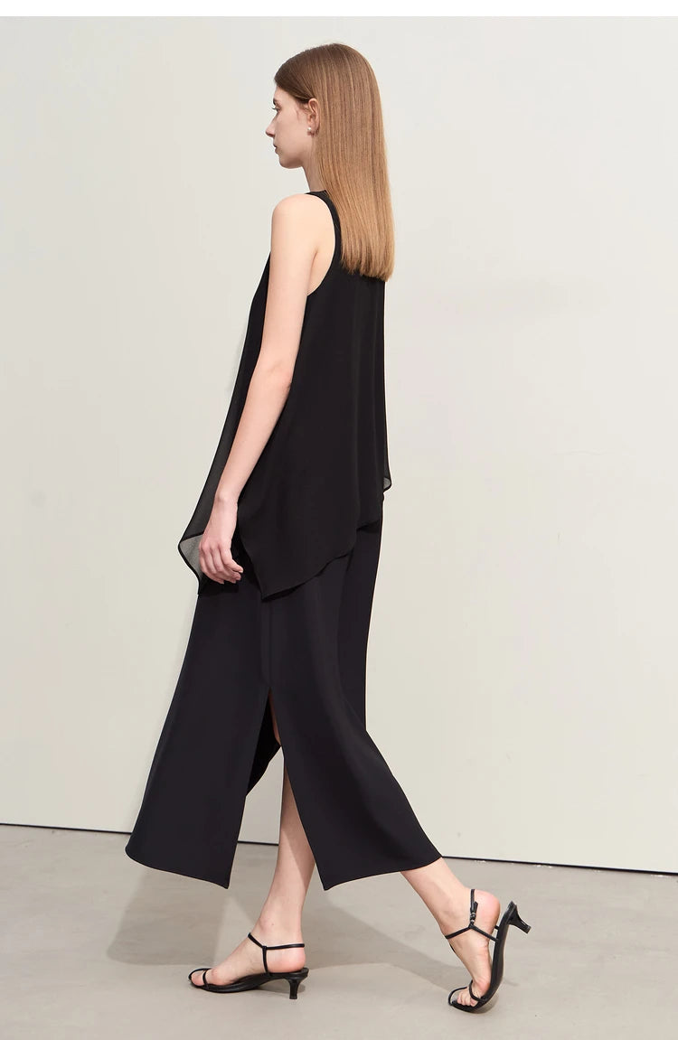Amii Minimalism 2024 Women Dresses Summer New Vacation Style V-neck Spliced Chiffon Female Sleeveless Loose Dress 12452102