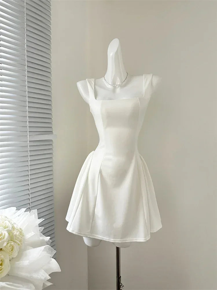 Elegant Korean Fashion Summer Evening Party Red U-neck Sling Dress Lady Casual High Waist Sleeveless Strap Mini Dress for Women