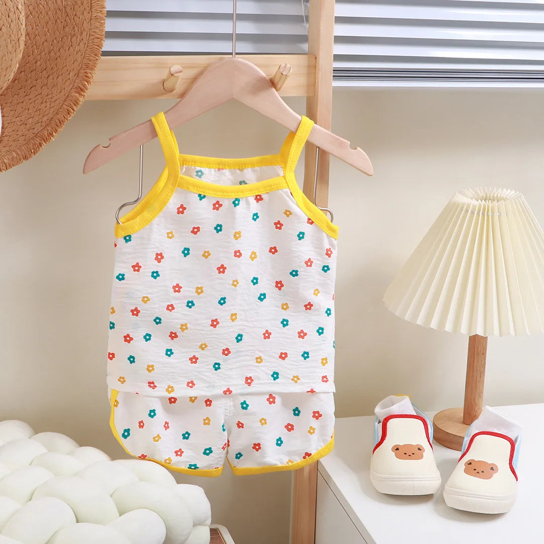 Summer Children Sling Shorts Set Fashion Flower Girls Kids Thin Breathable Pajamas Cute Cartoon Baby Toddler Home Clothes