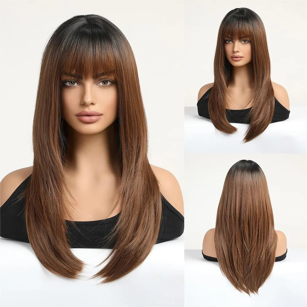 ALAN EATON Long Brown Highlight Synthetic Wigs Layered Straight Hair Wig Realistic Fake Hair for Daily Wear High Temperature Wig