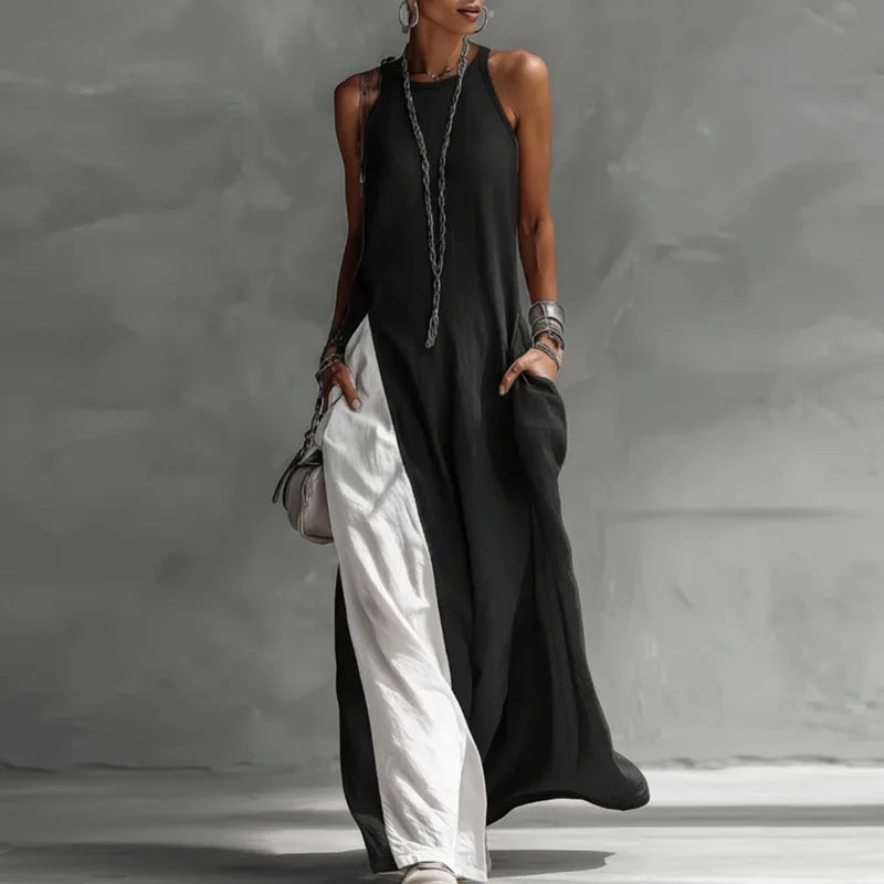 Casual Sleeveless Summer Boho Vacation Maxi Dress Woman Sexy O Neck Contrast Color Long Dress Spring Pocket A-Line Party Dresses