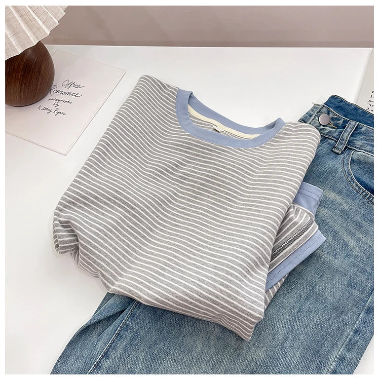 2026 New Women's Loose Fit Casual Stripe Short Sleeve T-Shirt Comfortable Breathable Cotton Polyester Blend Summer Top