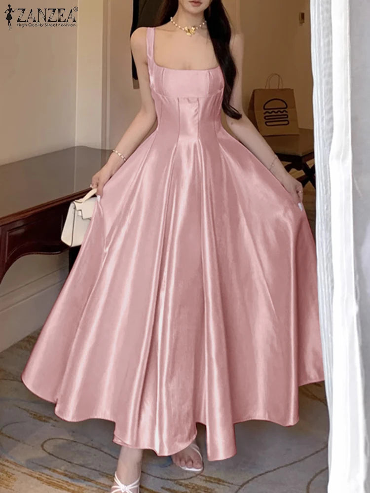 ZANZEA Women's Elegant White Satin Long Dresses Wedding Guest Cocktail Evening Party Dress Square Neck Sleeveless Robes Femme