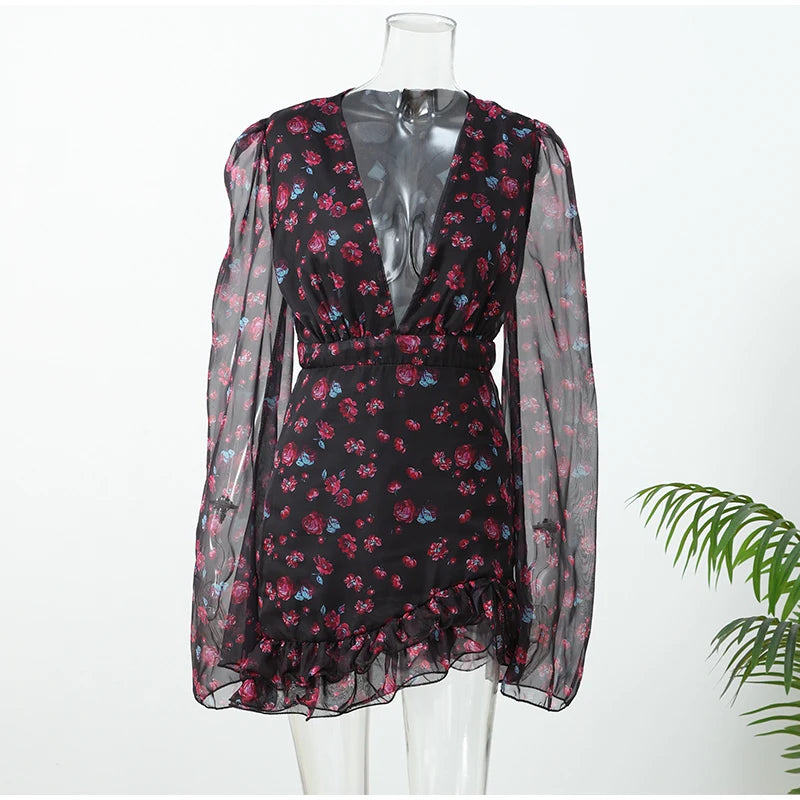 Elegant Flora Painted Ruffle Mini Dress Women Chic Full Sleeve Deep V-neck Slim A-line Dresses 2026 Lady Holiday Street Robe New