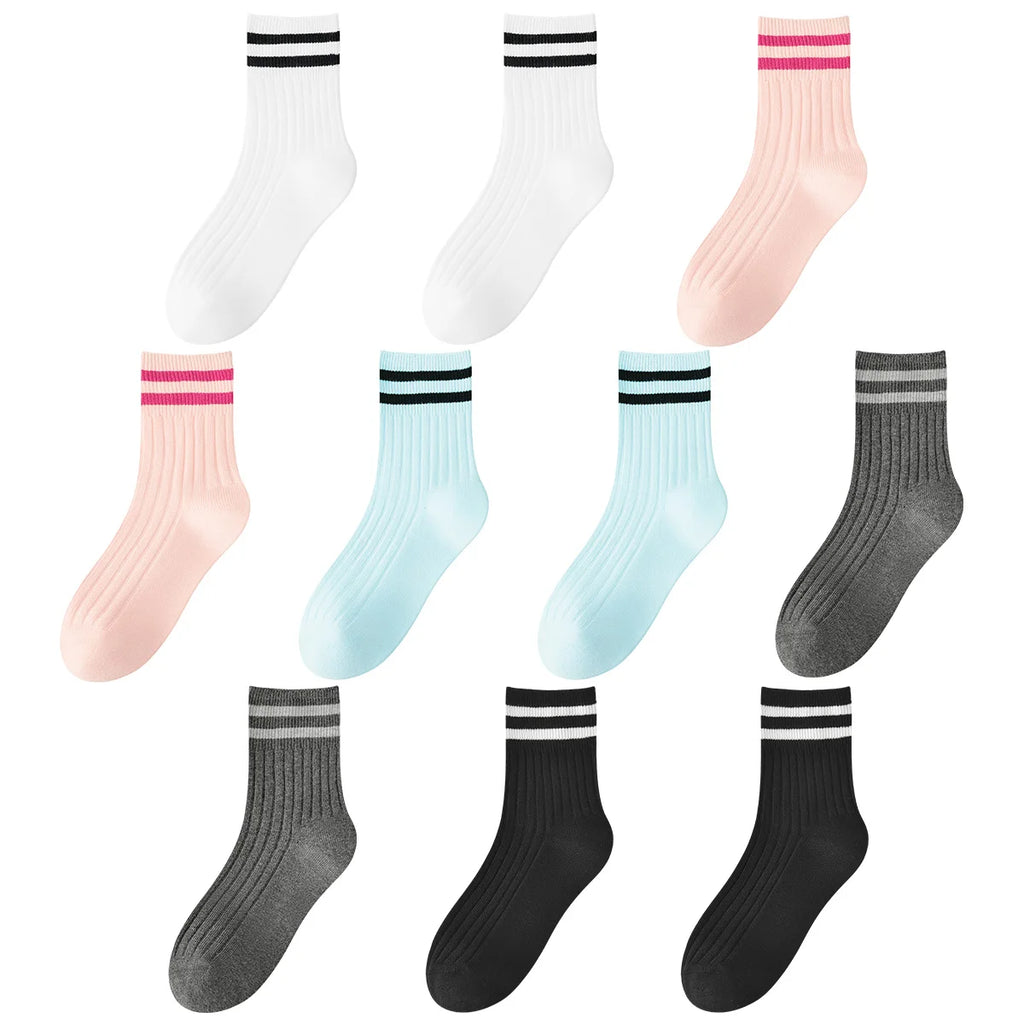 Kids Boys Girls Cotton Socks - Seamless Double Needle Ribbed 2-Stripe, Teens Students All Season School Home Sports Socks