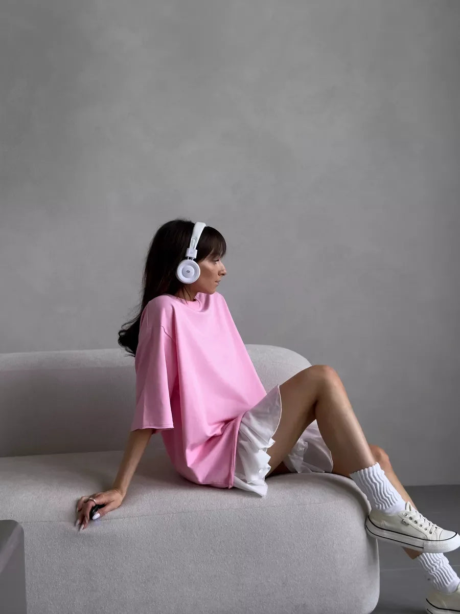 Hirsionsan Summer Casual Oversized T-shirts Women 100% Cotton Pink Loose Tees 2025 New Cusual Solid O Neck Female Aesthetic Tops