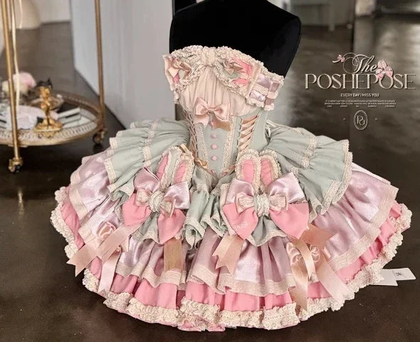 New Girls Birthday Lolita Dress 2026 Spring and Summer Women's Tube Top Satin Bowknot Slim Pettiskirt Short Mini Party Dress