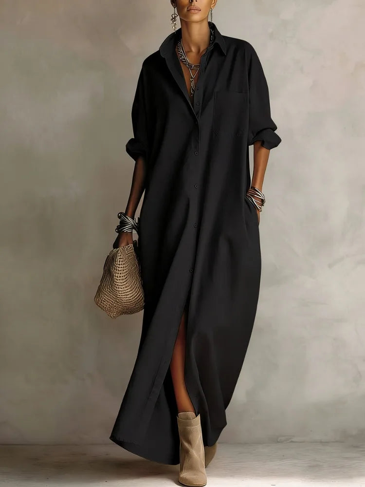 UOOZEE 2026 New Minimalist Solid Color Shirt Dress For Women Long Sleeves Loose Buttoned Pockets Casual Daily Lapel Maxi Dresses