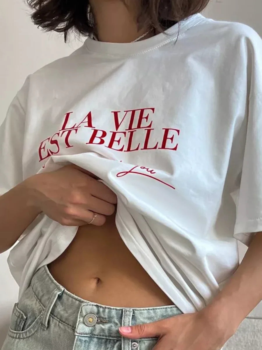 Summer American Ins Mid-length Temperament Printed T-shirt Street Personality Women's Letters Versatile Cotton Short-sleeved Top