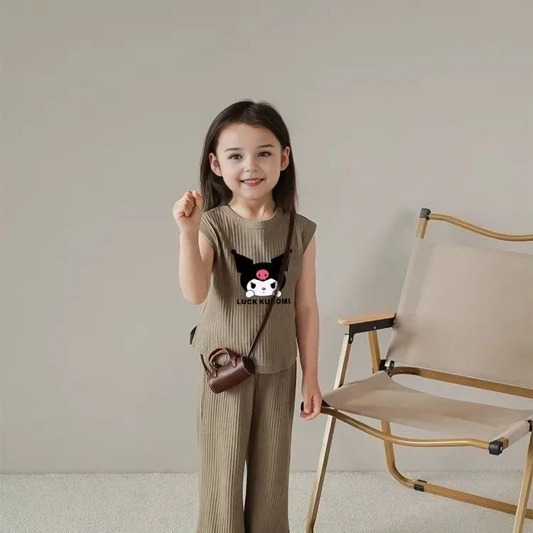 2026 Summer Kuromi Anime Kawaii Baby Ice Silk Sleeveless Vest Top Pants Two Sets Cute Cartoon Children Clothes Gifts for Kids