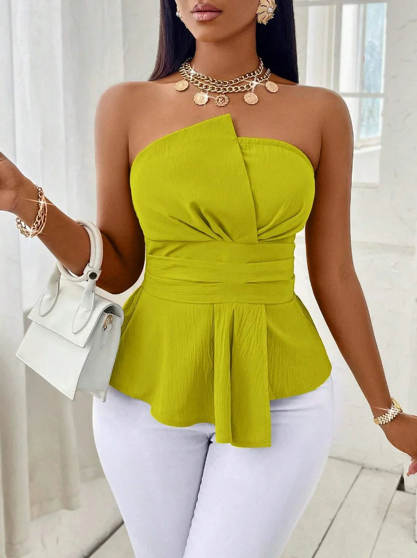 Elegant Peplum Strapless Top, Belted Wrap Waist Blouse for Vacation & Commute