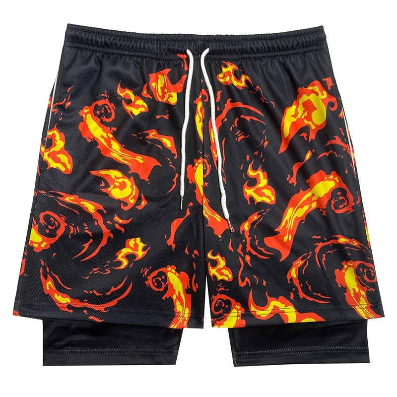 2 in 1 Athletic Gym Shorts for Men Stylish 3D Print Shorts with Pockets Quick Dry Stretchy Summer Sports Fitness Running Jogging