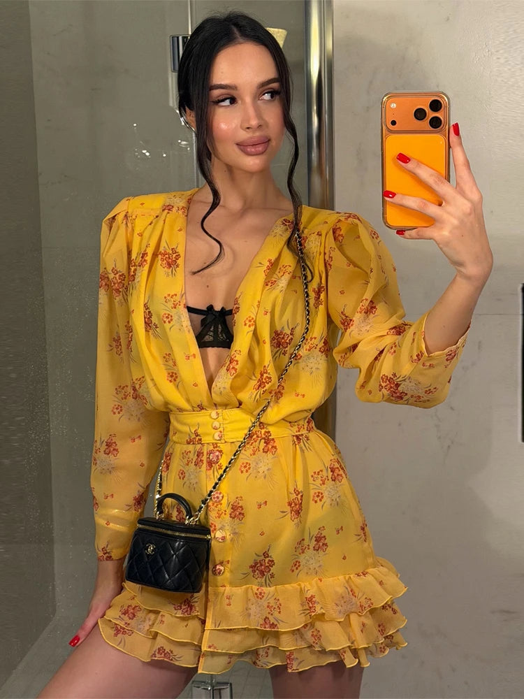 Sexy Pink Floral Print Ruffle Slim Short Dress Women Elegant V-neck Pleated Puff-sleeve Ruched Dresses Lady Party Club Robe New