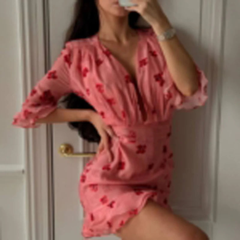 Sexy Pink Floral Print Ruffle Slim Short Dress Women Elegant V-neck Pleated Puff-sleeve Ruched Dresses Lady Party Club Robe New