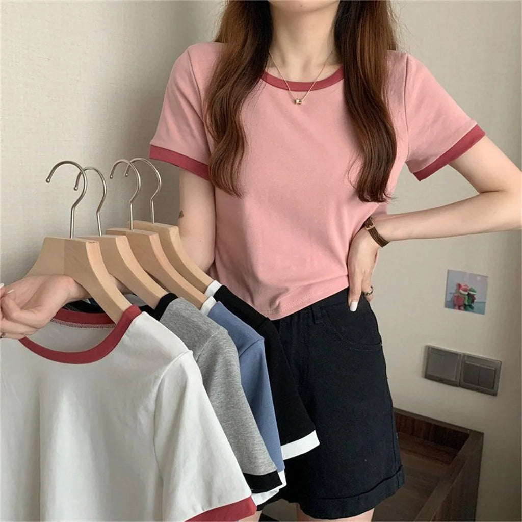 Fashion Patchwork T-shirts Women Basic Tee Casual Oversized Tops Quality Unisex Short Tshirts Tees Girl Summer Clothing Tops